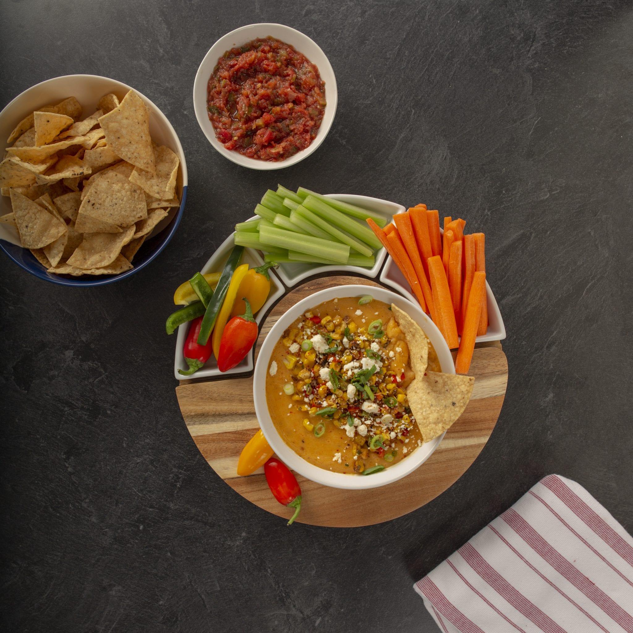 Roasted Corn Queso Dip with Fresh Veggies